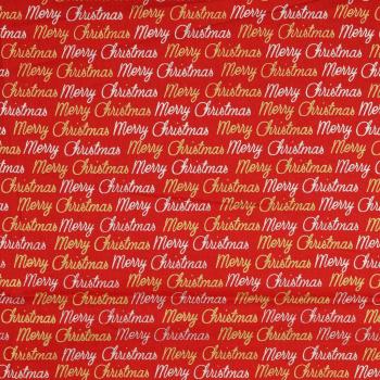 Baumwolldruck Merry Christmas in Gold und Silberglitzerschrift auf Rot